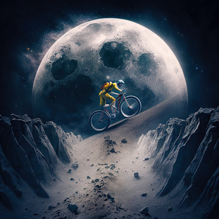 A cyclist rides a bicycle through the mountains in space. Generated AI. The concept of the development of life, tourism and recreation in space. Fictional illustration of the future.の素材