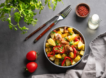 Fried pork meat with potatoes, onions and peppers. National homemade Georgian dish ojakhuri in a bowl on a dark background with spices, fresh tomato and herb. Top view.の写真素材