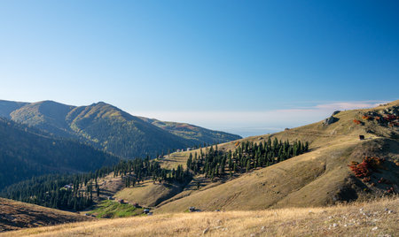 Beautiful autumn mountain landscape with colorful trees, blue sky  and old houses in sunny day. Traveling through the mountains of Georgia. The village of Gomismta.の写真素材