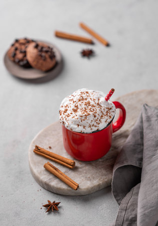 Red mug of hot cocoa or chocolate with whipped cream and cookies, cinnamon sticks on a gray background. The mug sits on an oval marble stand with a napkin. Free space for text.の写真素材