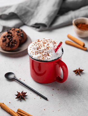 Red mug with hot chocolate or cocoa with whipped cream, cookies, spoon, cinnamon sticks and star anise scattered on a light background. Winter mood concept.の写真素材