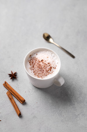 White mug of hot cocoa or chocolate with whipped cream, cinnamon sticks and star anise on a gray background.  Top view and copy space.の写真素材