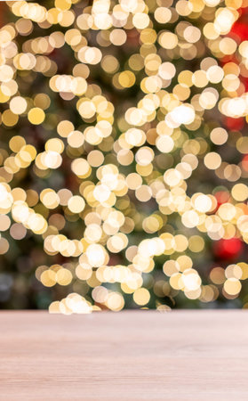 Wooden empty tabletop in front of a Christmas tree with red decorations and lights in blurred. New...