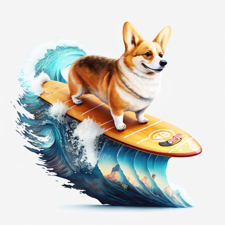 Corgi dog surfing on a wave on a white isolated background. Illustration portrait of the animal. Generated AI.の素材