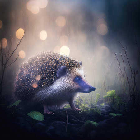 Hedgehog in the fog in a forest clearing with plants and flowers with a blurred background close-up. Fairytale illustration concept. Generated AI.の素材