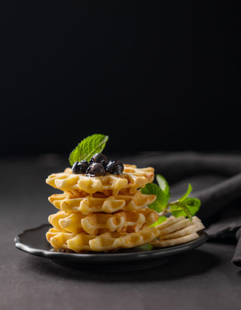 A stack of freshly prepared waffles with kiwi, banana slices and mint, drizzled with honey syrup on a gray plate on a dark background close-up. The concept of a healthy dietary and delicious breakfast.の写真素材