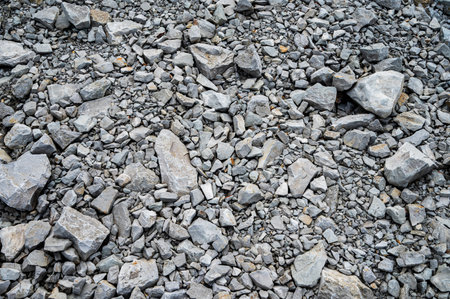Background with scattered stones of different sizes and colors. Concept for design and background on a geological theme. Top view.の写真素材