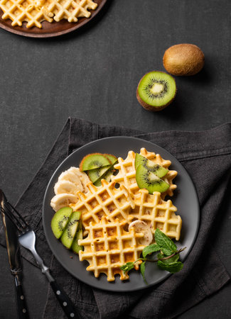 Belgian waffles with kiwi and banana slices on a  gray plate with mint an a dark background. The concept of a healthy dietary and delicious breakfast. Top view.の写真素材