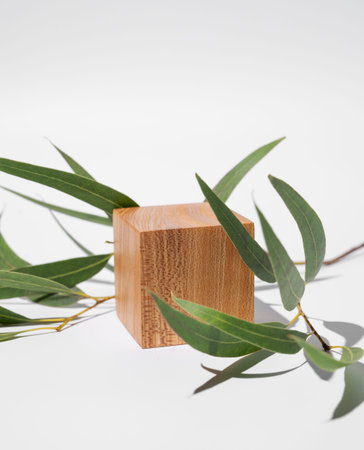 Empty wooden cube with shadows and green leaves on a white background. Layout concept for presentation of promotional products, sale or demonstration of cosmetics. Front view and copy space.の写真素材