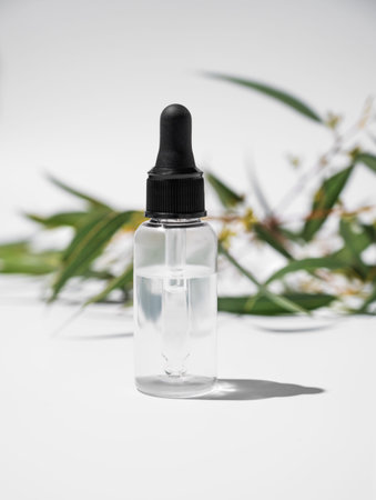 Face and body serum in bottle on a white background with green leaves. The concept  for health and...