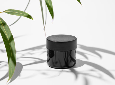 Face and body cream in a black  jar on a light background with leaves and hard shadow. Concept of skincare cosmetics with herbs. Health and beauty. Copy space.の写真素材