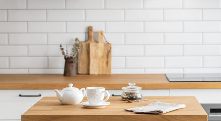 Wooden oak table with a cup of tea and a kettle  in front of the kitchen with a white brick background. Cozy breakfast concept in Scandinavian style.の写真素材