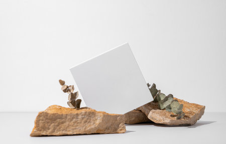 White empty box on texture stones with eucalyptus on light background with shadow. Podium or showcase concept for product presentation, sale or advertising banner. Copy space.の写真素材