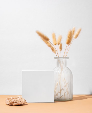 White empty box and vase with dried flowers on a beige background with a hard shadow. Podium or showcase concept for product presentation, sale or advertising banner. Copy space.の写真素材