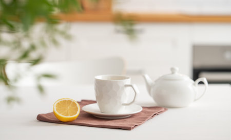A cup of tea with lemon and a teapot on a white table with branch. Kitchen with wooden empty countertop and brick wall in the background. Interior in modern Scandinavian style. Breakfast concept.の写真素材