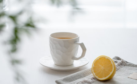 A cup of tea with lemon and green branch on a white table against the background of a kitchen window. Interior in modern Scandinavian style. Breakfast concept.の写真素材