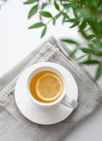 A cup of tea with lemon, napkin and green branch on a white table. Interior in modern Scandinavian style. Breakfast concept. Top view.の写真素材