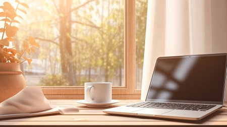 Work desk with laptop, coffee cup and houseplant  in front of window with landcape and morning sunlight. Generative AI. Home cozy office concept.の素材