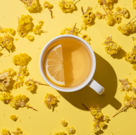 Herbal tea with immortelle and lemon in a white cup on a yellow background close up. Detox drink...