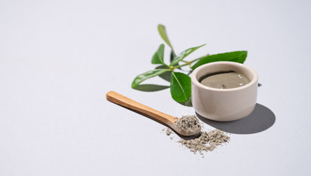 Blue clay in a bowl and spoon on a light background with leaves. Concept for preparing homemade skincare organic cosmetics and spa treatment. Copy space.の写真素材