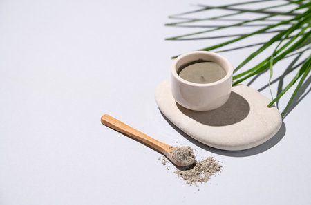 Blue clay in a bowl and spoon on a stone on a light background with palm leaves and shadow. Concept for preparing homemade skincare organic cosmetics and spa treatment. Copy space.の写真素材