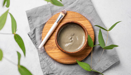 Organic cosmetic with blue clay on a wooden board with brush, branch and napkin on a light...