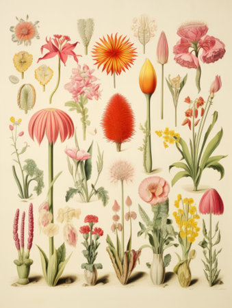 Vintage botany poster. Colored drawing of leaves and flowers on retro paper in flat style. Generative AI. Illustration for design, postcard or print.の素材