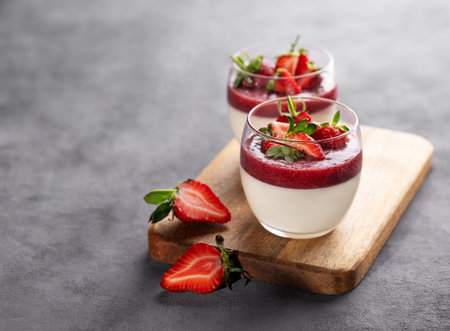 Strawberry and cream panna cotta in glasses with fresh berries on a wooden board on a gray background. Traditional Italian sweet dessert concept. Copy space.の写真素材