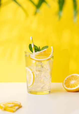 A glass of cold lemonade with lemon, mint and ice on a yellow and white background with a palm leaf. The concept of a refreshing and healthy drink on a hot summer day.の写真素材