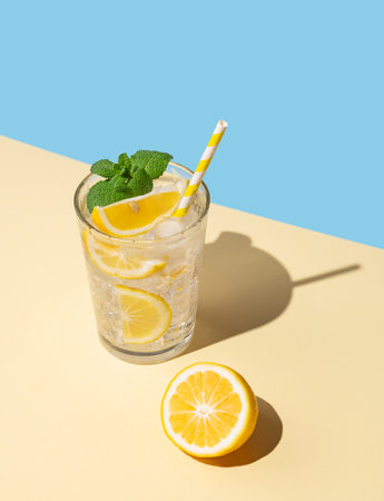 A  cold lemonade in a glass with lemon, mint and ice on a yellow and blue background with shadow. The concept of a refreshing and healthy drink.の写真素材