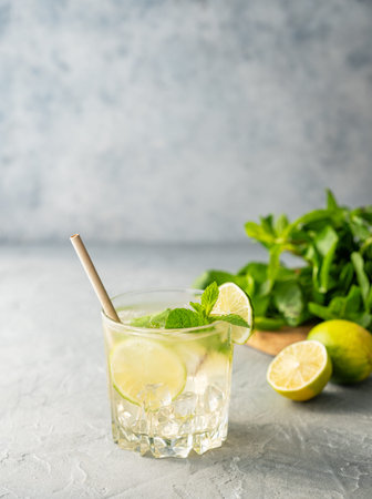 Mojito drink with fresh lime. Refreshing cocktail with citrus fruits, mint and ice on gray...