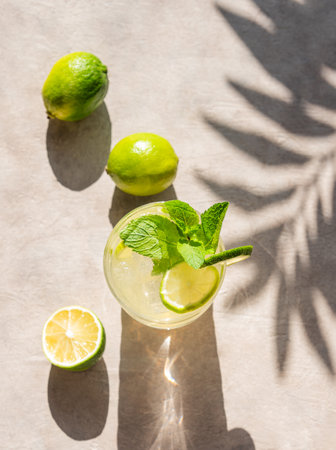 Lime mojito in a glass with mint and ice. Refreshing citrus cocktail on a light background with palm leaf shadow. Summer cold lemonade drinks concept. Top view.の写真素材