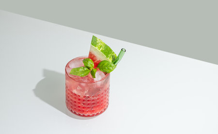 Glass of refreshing watermelon smoothie with basil, ice on white and green background with shadow. Concept of healthy summer diet drink or lemonade for cafe or bar menu. Trendy diagonal composition.の写真素材