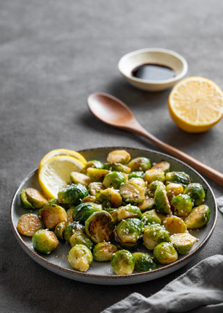 Crispy brussels sprouts in a plate with soy or balsamic sauce and sesame on a dark  background with spoon and lemon. Concept of a healthy vegetable vegetarian dish in rustic style. Copy space.の写真素材