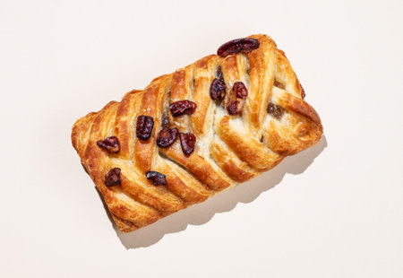 Fresh maple pecan bun on pink background with shadow. Creative layout and concept of healthy breakfast. Top view and copy space..の写真素材