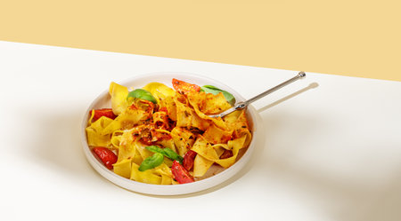 Tagliatelle or pappardelle pasta with tomato sauce, basil and parmesan in a plate on a yellow and white background with shadow. Modern concept of a layout or advertisement of traditional  Italian foodの写真素材