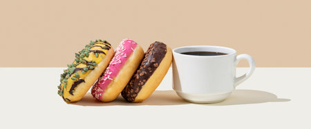 Espresso coffee cup and fresh donuts on beige and white background with shadow. Creative layout and concept of food and fast breakfast. Copy space.の写真素材