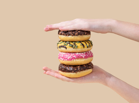 Hands holding stack of glazed donuts with different toppings on beige background. Creative concept of mockup or advertisement of fast breakfast. Front view and copy space.の写真素材