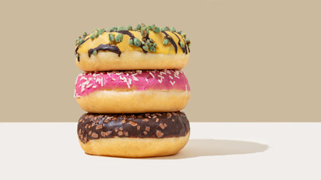Stack of glazed donuts with different toppings on beige and white minimalistic background close up. Creative concept of mockup or advertisement of fast breakfast. Front view and copy space.の写真素材