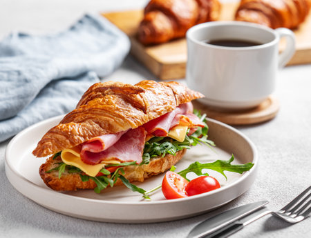 Croissant sandwich with ham, cheese, tomato and arugula on a plate on a white background with a cup of coffee, fresh pastry and morning light close up. Concept for a healthy breakfast or brunch.の写真素材