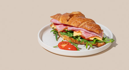 Croissant sandwich with ham, cheese and arugula on a plate on a yellow background with a shadow. Concept for a cafe menu of a healthy breakfast or brunch. Copy spaceの写真素材