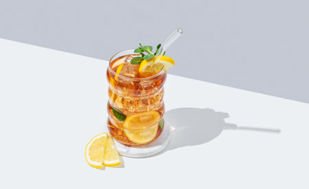 Iced tea with lemon, ice and mint in a glass on white and blue background with shadow. Trendy concept of refreshing drink or lemonade, menu advertisement mockup. Copy space.の写真素材