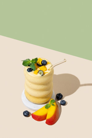 Smoothie with mango, banana and blueberry in a glass on a yellow and green background with fruits and shadow.の写真素材