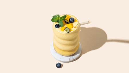 Frozen vegetarian smoothie with mango, banana and blueberry in a glass on a yellow background with...