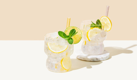 Two glasses with refreshing mojito with lemon, lime, mint and ice. Citrus lemonade on a white beige background. Summer trendy cold drinks concept. Front view and copy space.の写真素材