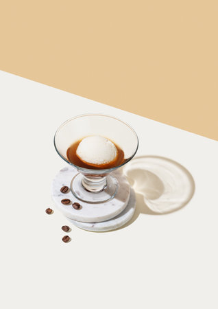Affogato coffee with a scoop of vanilla ice cream and espresso in a glass on a white beige background with coffee beans and shadow. Classic Italian dessert concept for cafe menu advertising. Top view.の写真素材