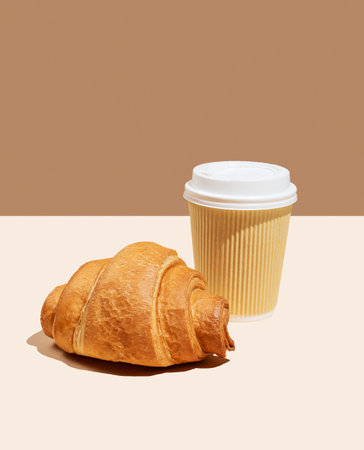 Paper cup with coffee and fresh croissant on yellow and brown background. Creative mockup for cafe menu advertising and fast breakfast concept. Front view and copy space.の写真素材