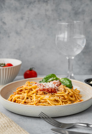 Spaghetti bolognese with tomato sauce, basil and parmesan cheese on a plate on a gray background with glass of water. The concept of Italian or Mediterranean diet cuisine. Copy space.の写真素材
