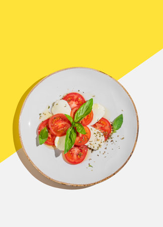 Fresh Caprese salad with tomatoes, mozzarella and basil on a white yellow background. Advertising banner for a cafe or restaurant menu. Healthy eating concept. Top view, copy space.の写真素材
