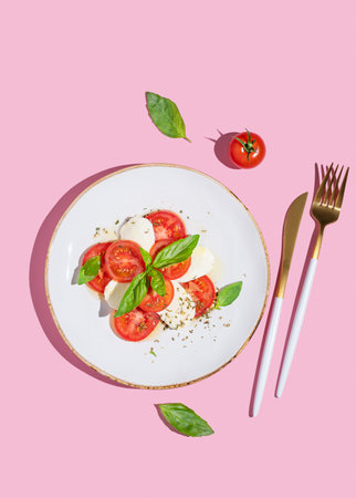 Fresh Caprese salad with tomatoes, mozzarella and basil on a white plate on a pink background with a bright shadow. Advertising banner for a cafe or restaurant menu. Healthy eating concept. Top view.の写真素材